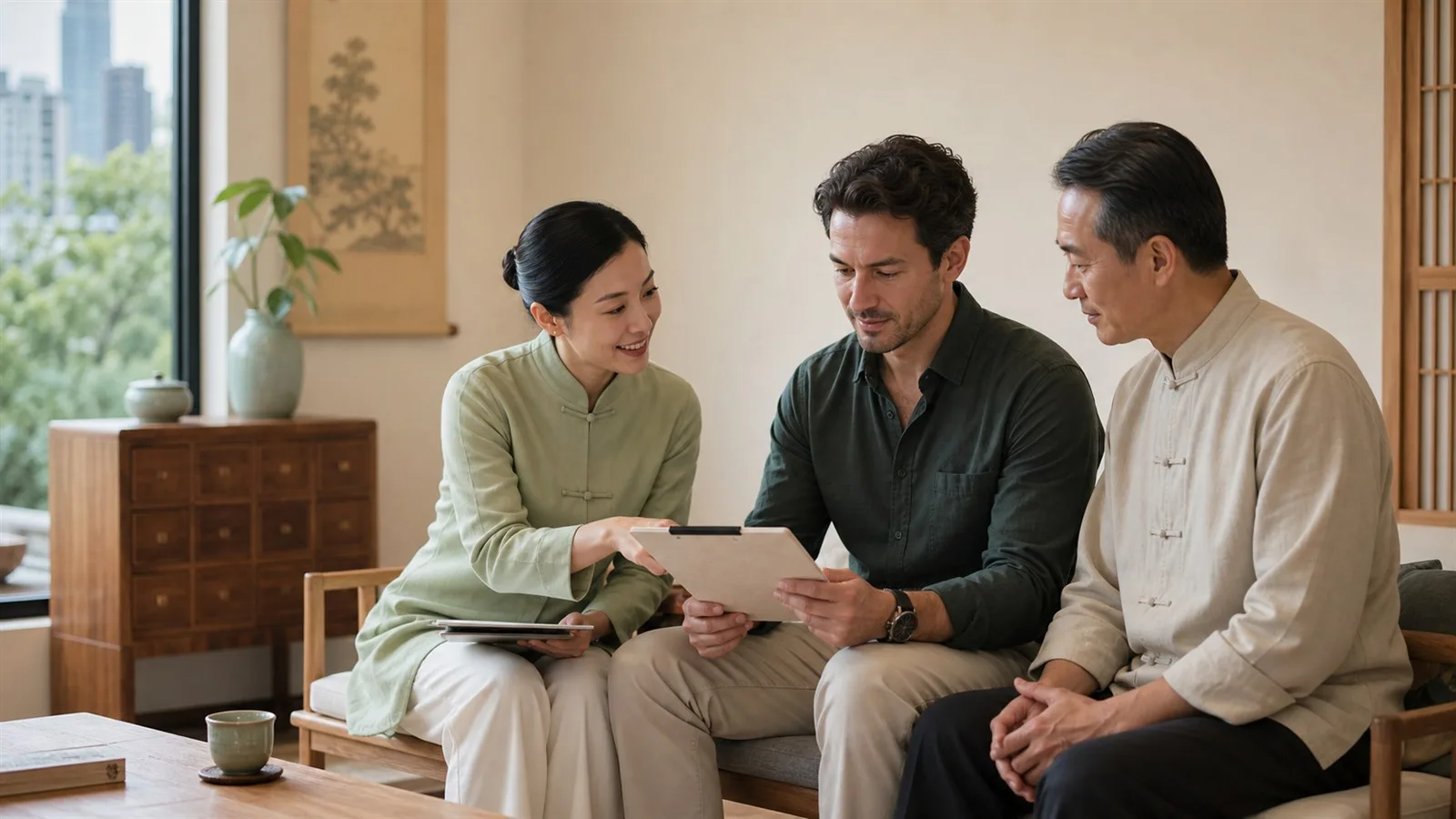 International visitor reviewing a health note with a Chinese practitioner and bilingual concierge before a TCM visit.
